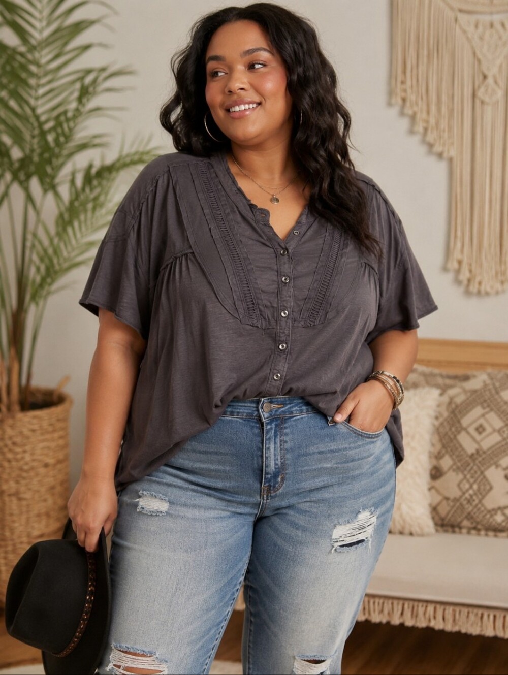 TORRID Festi Raglan Button-Up Cotton Oversized Top Boho Festival Western